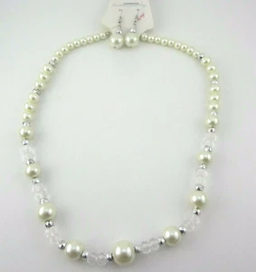 NOS Fashion Faux Pearl / Crystal Bead Necklace & Pierced Earring Set - Picture 1 of 5