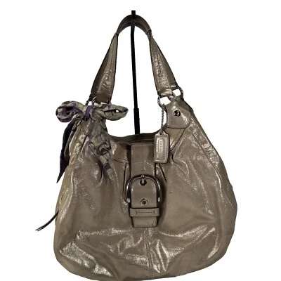 Coach F15075 Soho Lynn Metallic Silver Shimmer Hobo Leather Bag w/ Silk Scarf - Image 1 of 4