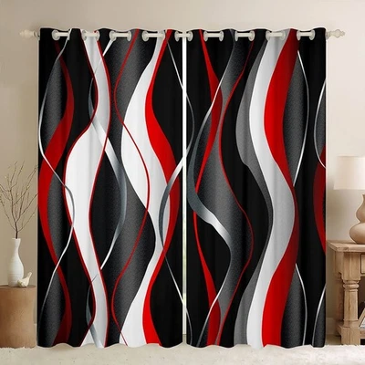 Feelyou Red Grey Black Curtains Geometric Spiral Pattern Window Drapes for Ki... - Image 1 of 4