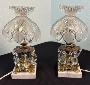 2-Bohemian Crystal Doudoir Lamps Brass With Crystals Italy Marble Base - Picture 1 of 23