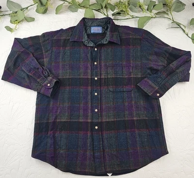VTG Pendleton Men's Purple and Green Plaid Button Up Long Sleeve Shirt Size XL - Image 1 of 4