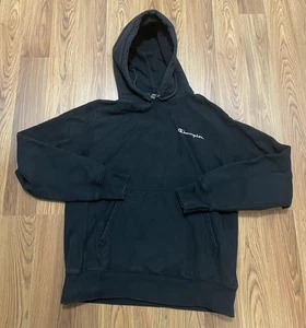 Champion Reverse Weave Hoodie Mens Medium Black Heavyweight Embroidered - Picture 1 of 13
