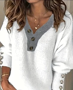 Chic Contrast Trim Womens V Neck Sweater - Soft Knit, Long Sleeve Pullover  XL - Picture 1 of 3