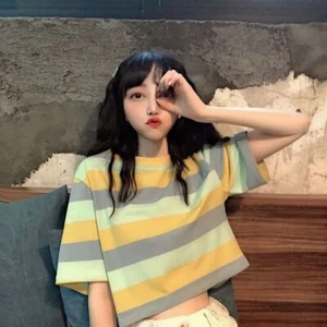 Loose Fit Summer Tops Rainbow Striped Crop Top Rainbow Striped T Shirts Girls - Picture 1 of 11
