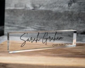 Personalised Acrylic Desk Name Plaque – 12x4cm – 15mm Thick – Custom Office Sign - Picture 1 of 3
