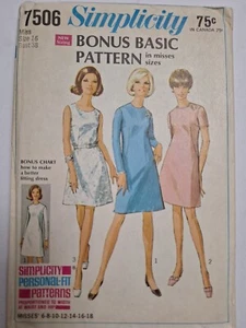Dress Basic A Line 16 Simplicity 7506 Sewing Pattern FF Pullover Knee VTG 60's - Picture 1 of 9