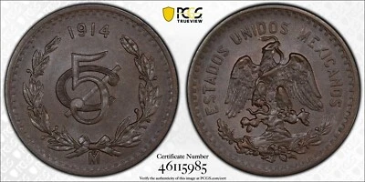 MEXICO ESTADOS UNIDOS 1914  5 CENTAVOS COIN PCGS CERTIFIED UNCIRCULATED MS64-BN - Image 1 of 4