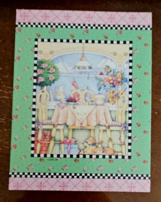 Mary Engelbreit blank notecard, table set for tea, kitten sleeping on floor - Image 1 of 2