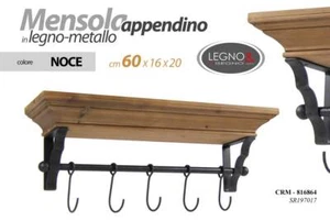 MENSOLA APENDINO DA PARETE LEGNO 5 GANCI METALLO APPENDIABITI NOCE 60*16*20 cm - Foto 1 di 2