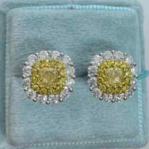 Pendiente de diamantes de zafiro amarillo natural corte cojín de 4,75 quilates oro blanco de 14 quilates - Imagen 1 de 9