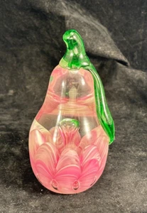 Joe Rice Art Glass 4½" Paperweight Pink Pear with Green Leaf - Picture 1 of 8