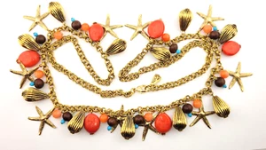 Yochi NY Signed Red Blue Coral Turquoise Glass Wood Bead Starfish Necklace 36" - Picture 1 of 11