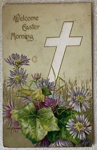 Oster Postkarte Willkommen OsternMorgen Kreuz Blumen geprägt 1908 verschickt antik - Bild 1 von 5