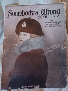 Somebody's Wrong Song Sheet Music Piano Sophie Tucker 1923 Vintage - Picture 1 of 4