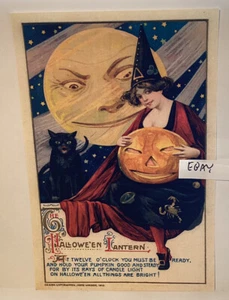 1912 Halloween Laterne hübsche Hexe mittlere schwarze Katze selten John Winsch NEU POSTKARTE - Bild 1 von 1