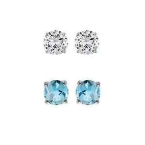 18k White Gold Plated 4Ct Created White And Blue Topaz CZ 2 Pair Round Earrings