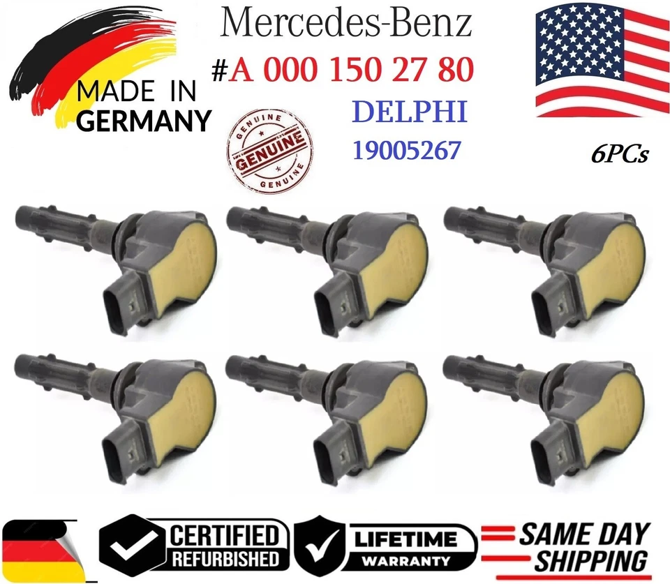 GENUINE DELPHI 6x Ignition Coils For 2005-2014 Mercedes-Benz V6 #A 000 150 2780 - Image 1 of 2