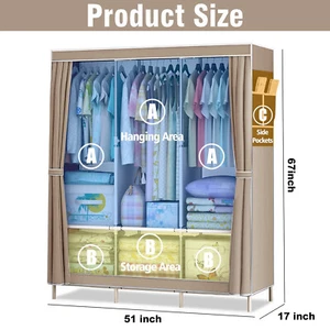 Large Fabric Canvas Wardrobe With Hanging Rail Shelving Clothes Storage Cupboard - Picture 1 of 73