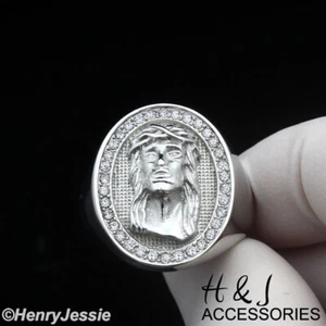 MEN's Stainless Steel Icy Bling CZ Silver 3D Jesus Head Oval Ring*ASR148 - Picture 1 of 4