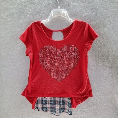 Camiseta Bongo Mujer Top XL Roja a Cuadros Brillo Gráfico Corazón Cruz Dobladillo Alto-Bajo Foto 1 de 4
