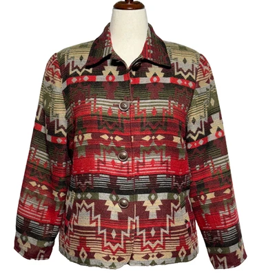 Chaqueta Coldwater Creek 16 Rojo Tostado Suroeste Mezcla de Lana Azteca Botones Boho Foto 1 de 4