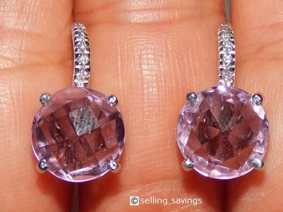 ORO BLANCO 14K CUARZO ROSA Y DIAMANTE 6/10 PULGADAS PALANCA TRASERO PENDIENTES COLGANTES HUGGIE Foto 1 de 4