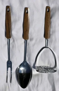 Vintage EKCO Löffel Gabel Stampfer Edelstahl braun Holzimitat schwarzer Griff - Bild 1 von 14