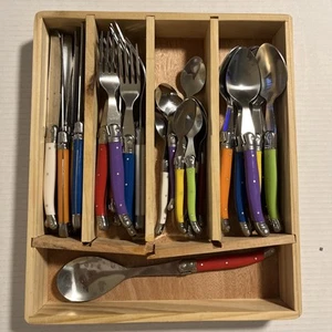 Jean Neron Laguiole 33 Piece Mixed Colour Cutlery Set in Timber Crate-Nice Shape - Picture 1 of 6