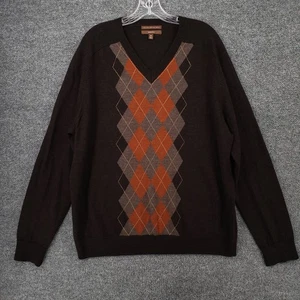 Merona Sweater Mens XL Brown Italian Merino Wool Knit Argyle V Neck Pullover - Picture 1 of 9