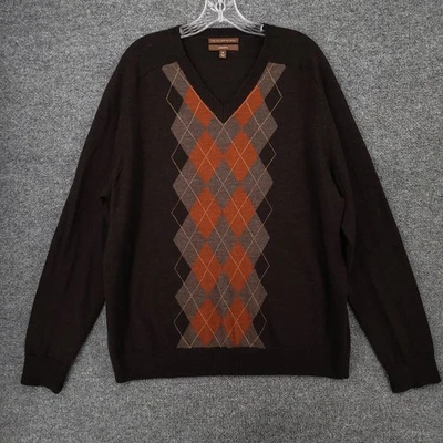 Merona Sweater Mens XL Brown Italian Merino Wool Knit Argyle V Neck Pullover - Image 1 of 4