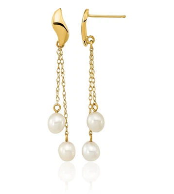 14K Solid Yellow Gold 4mm White Rice Freshwater Cultured Pearl Dangle Earrings - Image 1 of 4