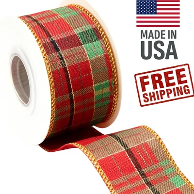Christmas Red & Green Buffalo Plaid Ribbon – 2.5″ x 10 Yards, Wired Edge Tartan - Image 1 of 4
