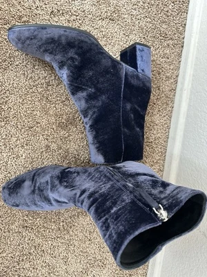 M Gemi Mujer 41/10.5 Botas Corsa Azul Terciopelo Tacón Grueso Botín. Italia/ Retro Foto 1 de 4