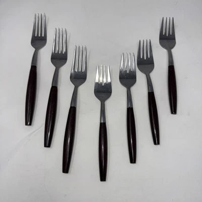 7 件老式炉边餐具叉棕色手柄不锈钢 Japan3 晚餐 4 沙拉 — 第 1/4 张图片