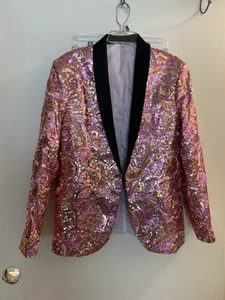 Lang Ku Herren Anzug Jacke Mantel Rosa & Gold Pailletten XL Pailletten Brustumfang 40” - Bild 1 von 8