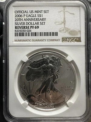 2006 P Eagle 20th Anniversary Silver Dollar Reverse Coin PF 69 NGC - Image 1 of 4