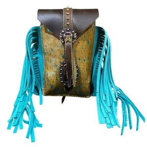 Showman Teal Acid Wash Cowhide Rear Cinch Saddle Bag - Picture 1 of 2