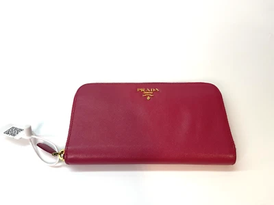 Usado Autêntico Excelente PRADA Couro Saffiano Vermelho Zíper Carteira Longa - Imagem 1 de 4