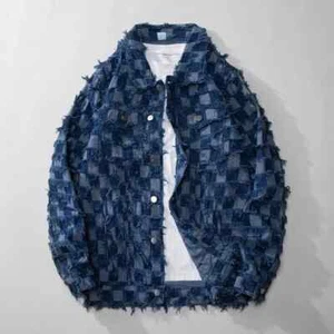 Giacche denim nappa a quadri lavaggio jeans streetwear chaquetas larghe cappotto uomo - Foto 1 di 17