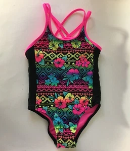 Swimsuit George Girls One Piece Bathing Suit Multicolour Neon Pink Black Floral - Picture 1 of 10