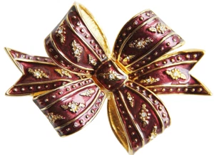 Joan Rivers Bow Brooch Maroon Burgundy Enamel Crystal Accent Ribbon Pin w/Box - Picture 1 of 10