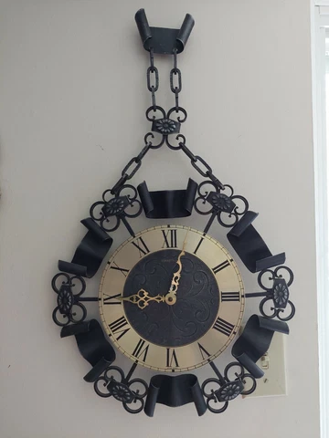 VINTAGE EURASTYLE W GERMANY GOTHIC CHAINS BLACK METAL WALL CLOCK MID CENTURY Cover