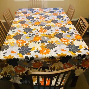 Retro Floral Tablecloth 90 inch Oval Mid Century Cotton Brown Rustic Black - Picture 1 of 6