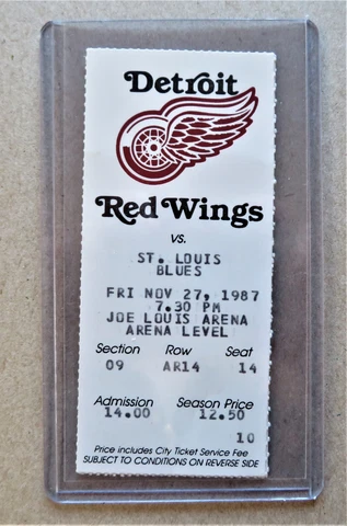 Red Wings vs St Louis Blues ticket stub Nov 27, 1987 - Yzerman , Probert Goals Cover