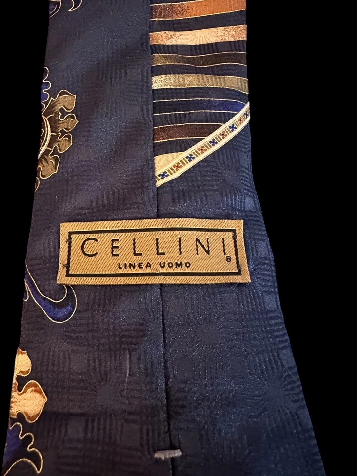 VIntage CELLINI 男式领带黑暗海军/TAN 艺术 3 英寸 X 57 英寸 100% 真丝经典独特 — 第 1/3 张图片