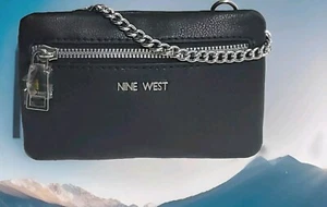 Neu Nine West Kunstleder schwarz Kalbsleder Reißverschluss Etui silberfarbene Kette - Bild 1 von 7