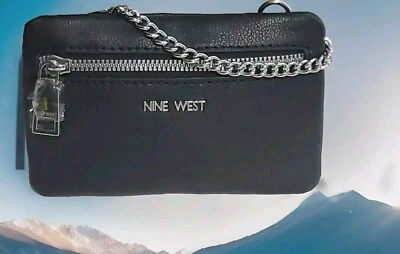 Nuevo Nine West Imitación Guijarro Cuero Negro Muñequera Cremallera Bolsa Tono Plateado Cadena Foto 1 de 4