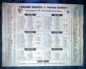 1998 Raiders vs Cardinals Broadcaster Announce Sheet Oakland NFL Roster Rare - Picture 1 of 2