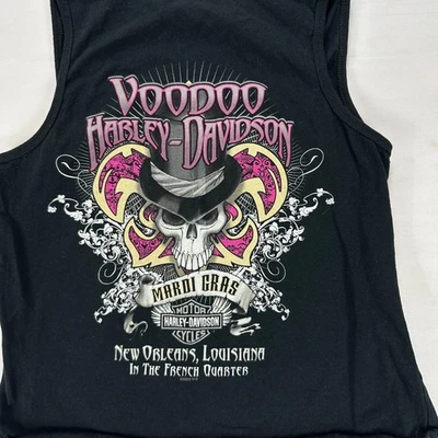 Regata Harley-Davidson Voodoo Mardi Gras caveira gráfica preta feminina M - Imagem 1 de 4