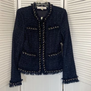 Boston Proper Womens 10 Blazer NWT Navy Parisian Tweed Metallic Fringe Jacket - Picture 1 of 20